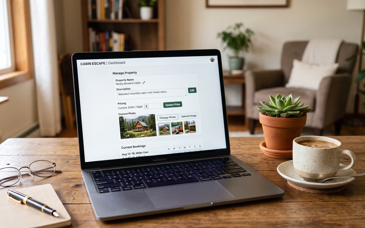 Laptop op een houten tafel met een beheerscherm waarin de prijs, de foto's en de teksten van een vakantiewoning worden aangepast