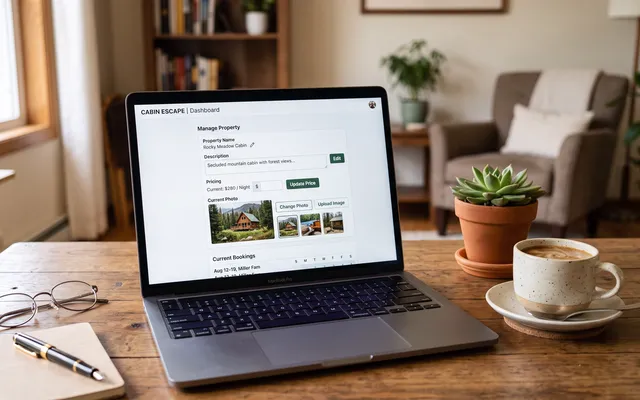 Laptop op een houten tafel met een beheerscherm waarin de prijs, de foto's en de teksten van een vakantiewoning worden aangepast